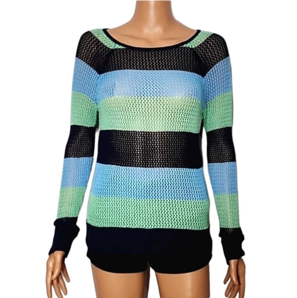525 America long sleeve open knit mesh sweater top blue green stripe Size S